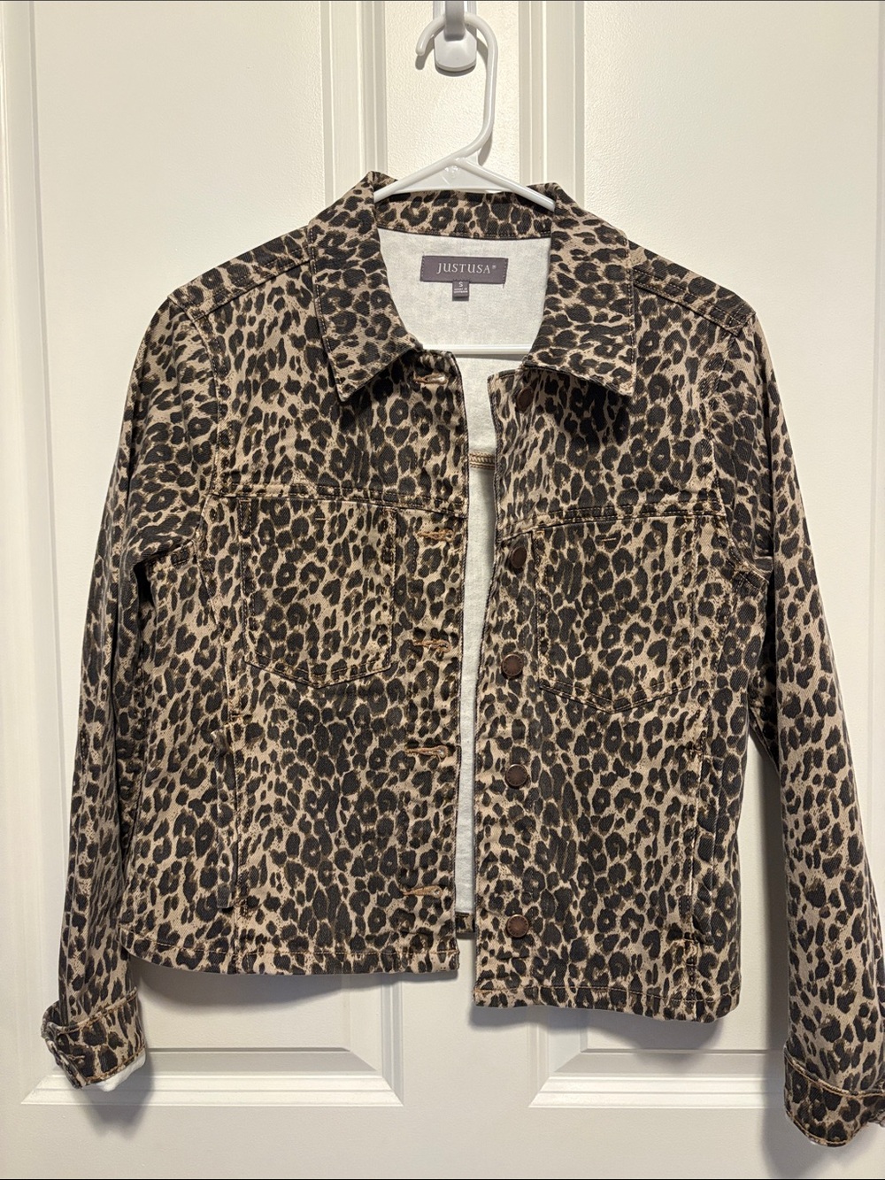 Just USA Leopard Print Jean Jacket in Taupe and Black